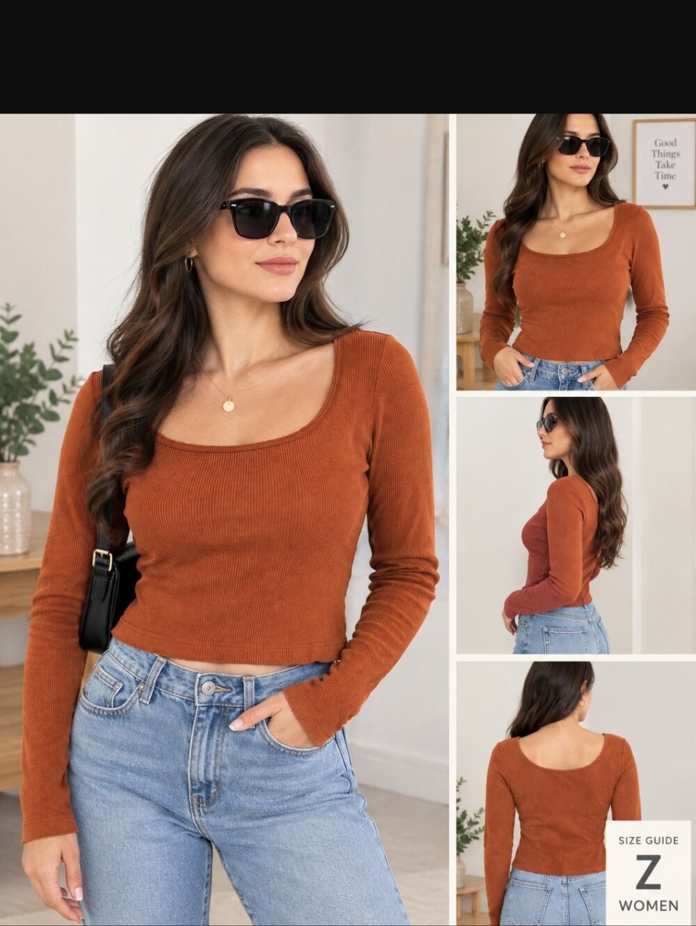 Marshalls Scoop Neck Long Sleeve Ribbed Top - Rust